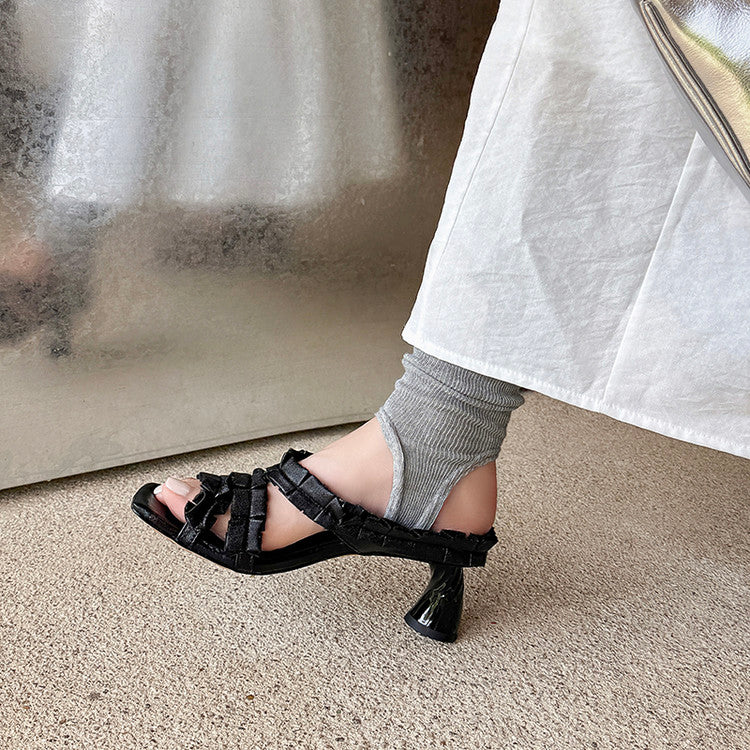 Karin Luna In Stock  Spot Goods  Unique Square-Toe Pleated Lace Sandals