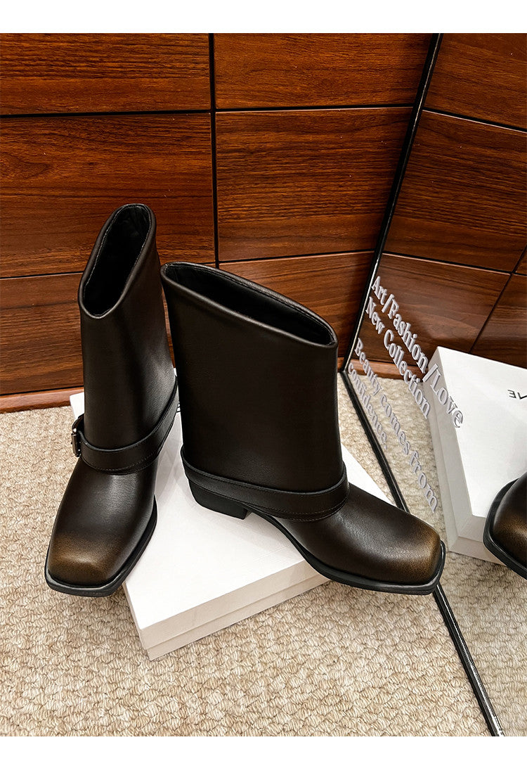 Karin Luna Elegant Style Square Toe Belt Buckle Pants Boot Short Boots