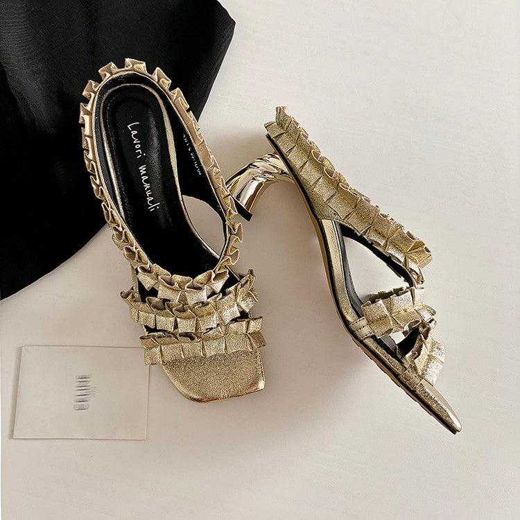 Karin Luna In Stock  Spot Goods  Unique Square-Toe Pleated Lace Sandals