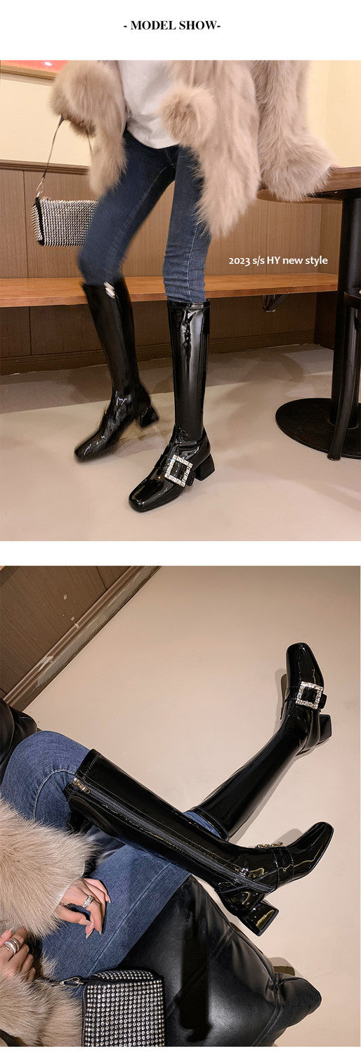 Karin Luna Elegant Style Ultra Slimming Rhinestone Chunky Heel British Style Riding Boots Long Boots