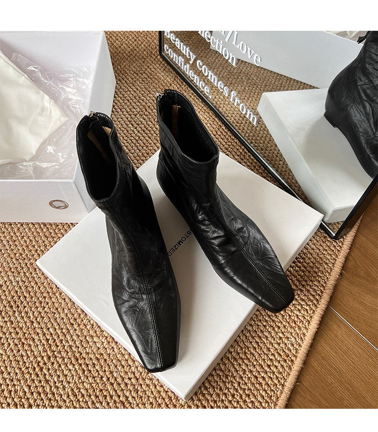 Karin Luna In Stock Spot Goods Slim Series  Hidden Wedge Small Square Toe Back Zipper Short Boots