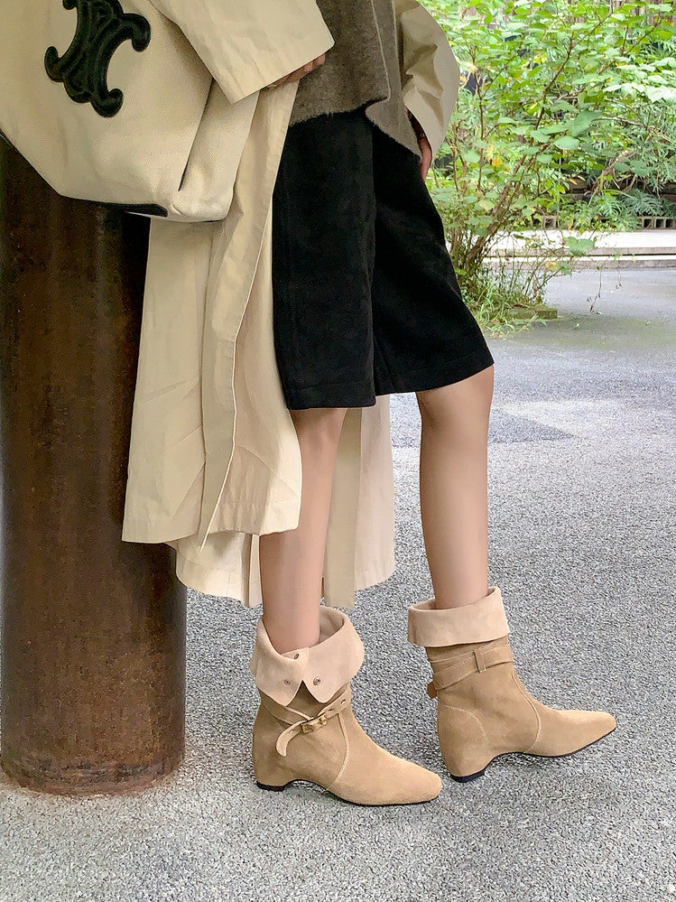 Karin Luna Foldable Belt Buckle Square Toe Hidden Wedge Short Boots
