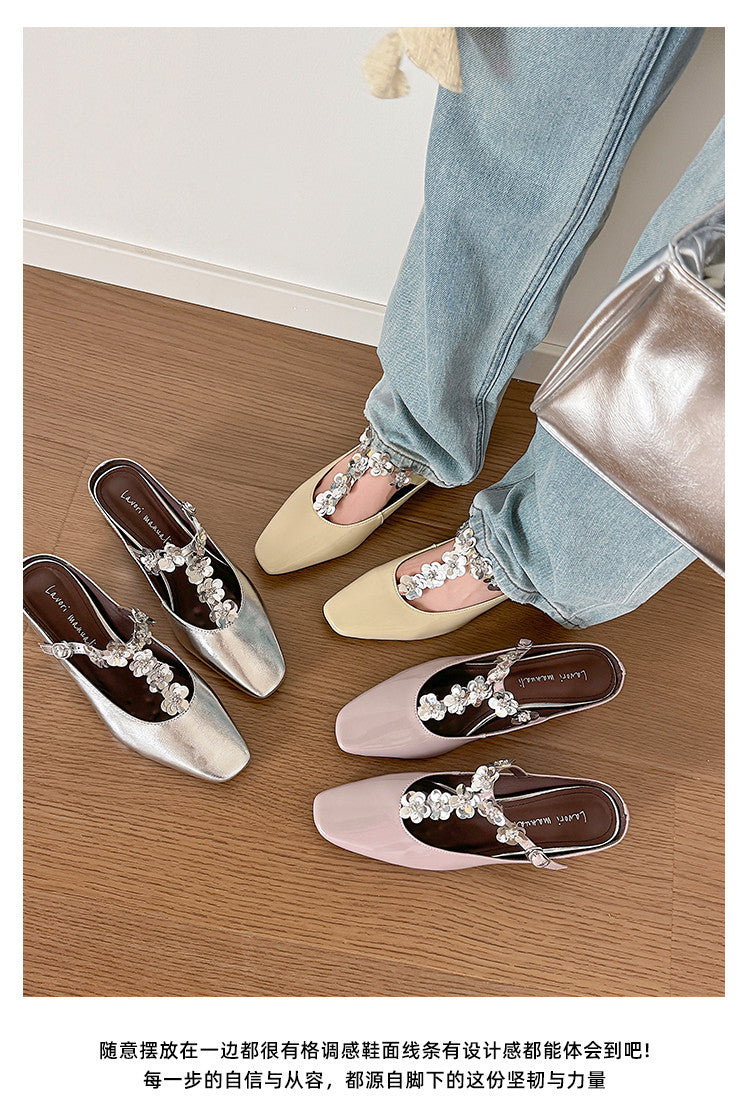 Karin Luna In Stock Spot Goods  T Handmade Sequin Flower Square Toe Height-Increasing Closed-Toe Slippers