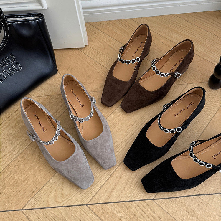 Karin Luna In Stock Spot Goods  Vintage Full Leather Square Toe Rhinestone Strap Shallow Mouth Single Shoes