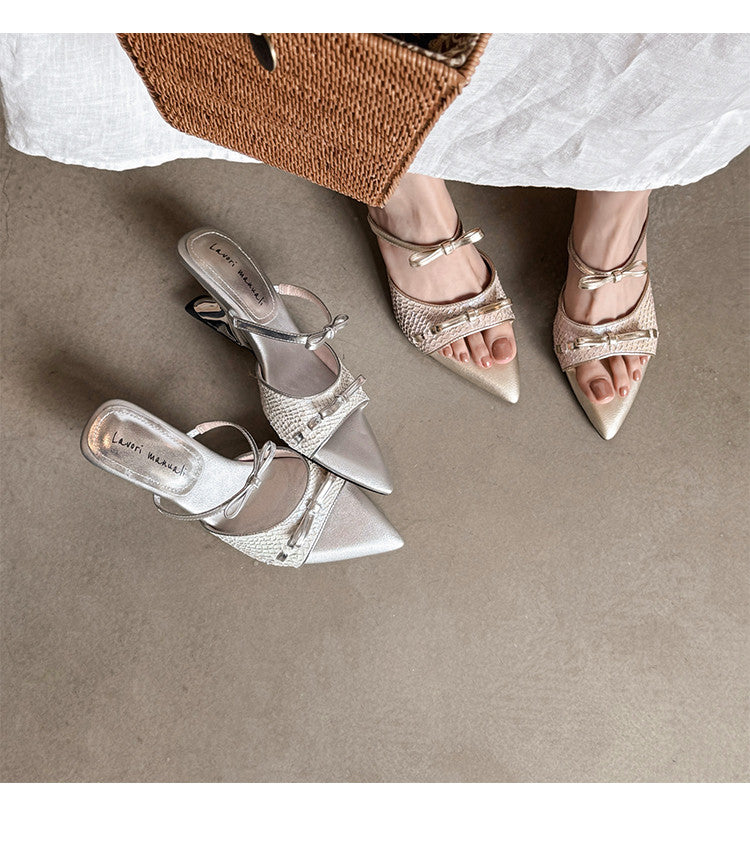 Karin Luna Fish Skin Series~Pointed Toe Irregular Heel Bowknot Strap Slippers