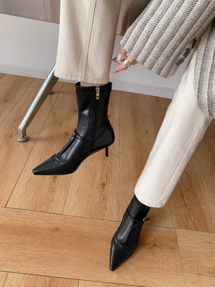 Karin Luna In Stock Spot Goods Elegant Stiletto Pointed Toe Side Zipper Short Boots