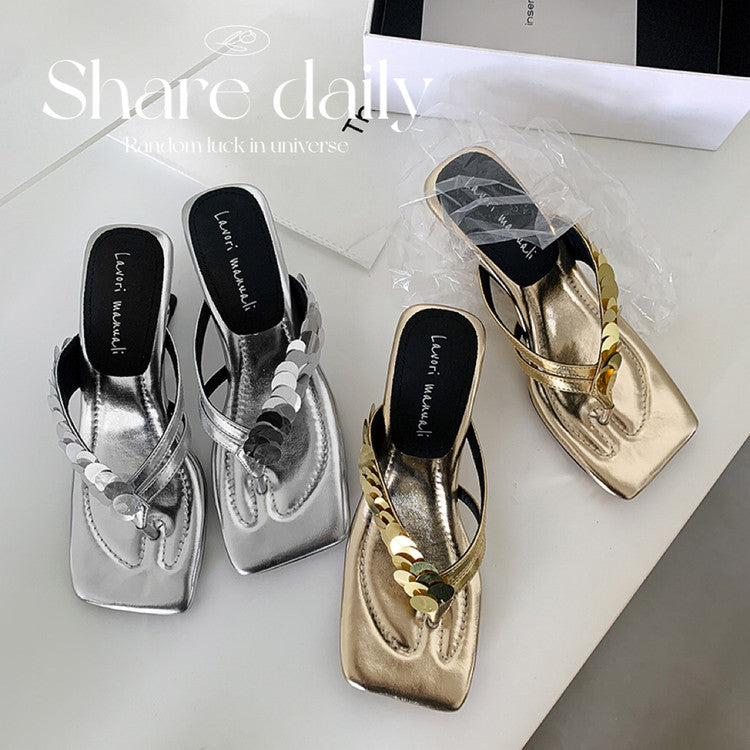 Karin Luna In Stock Spot Goods   Sequin One-Strap Irregular Heel Sofa Insole Flip-Flops