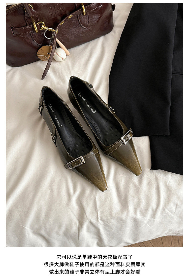 Karin Luna In Stock In Stock Retro Belt Buckle Small Square Toe Chunky Heel Single Shoes
