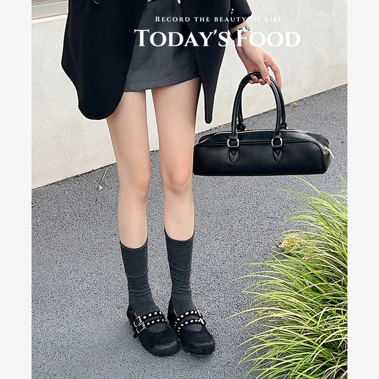 Karin Luna Hot Item Hot Item Punk Style One-Strap Round-Toe Suede Leather Height-Increasing Flats