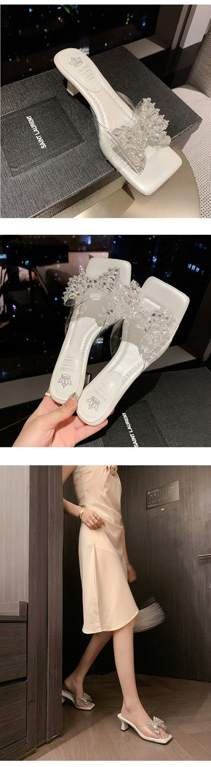 Karin Luna In Stock In Stock Transparent Bow Square Toe Suede Open Toe Sandals