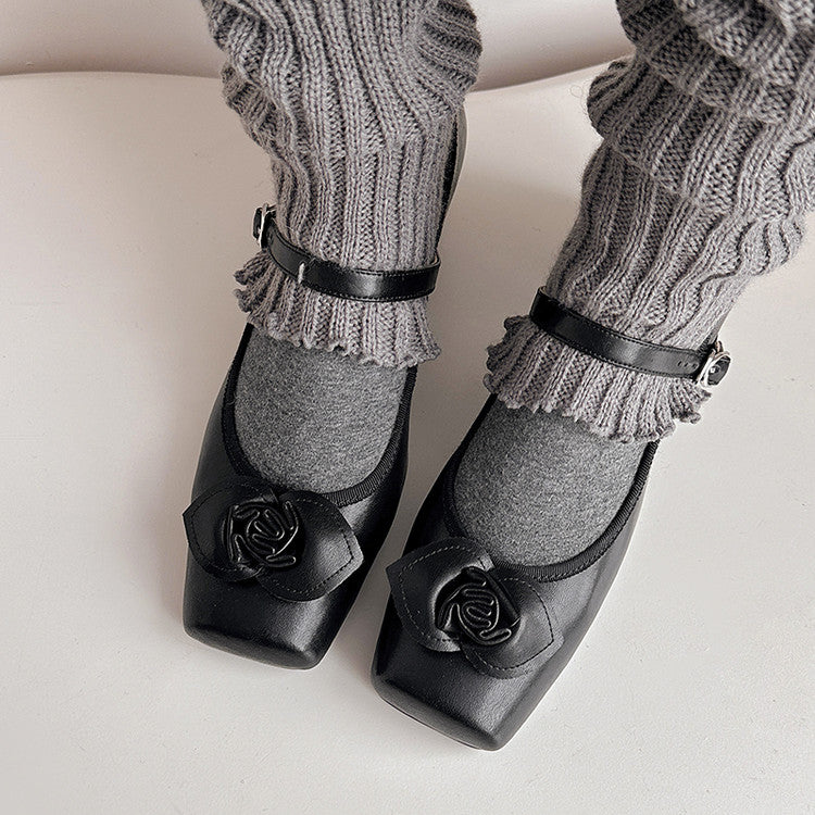 Karin Luna In Stock Spot Goods  Vintage Three-Dimensional Camellia Square-Toed Mary Jane Shoes