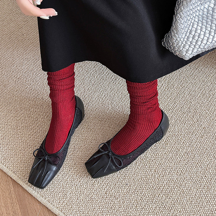 Karin Luna In Stock In Stock  Wrinkled Square Toe Patchwork Breathable Mesh Bow Granny Shoes