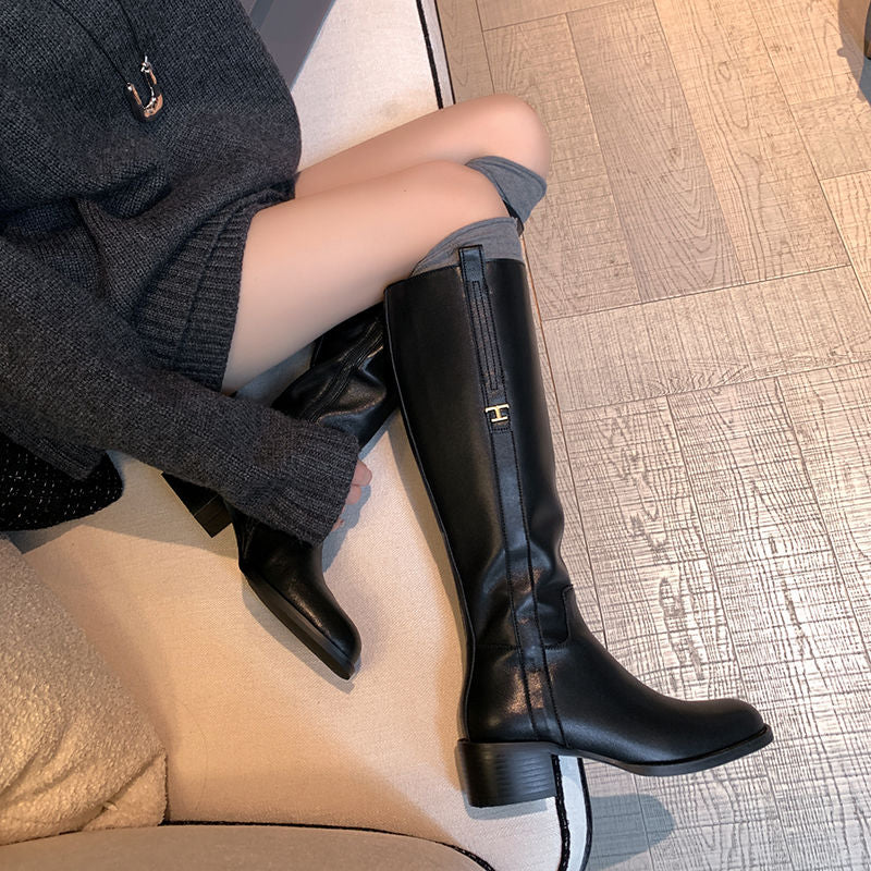 Karin Luna In Stock Spot Goods Basic Retro Square Toe Chunky Heel Riding Boots