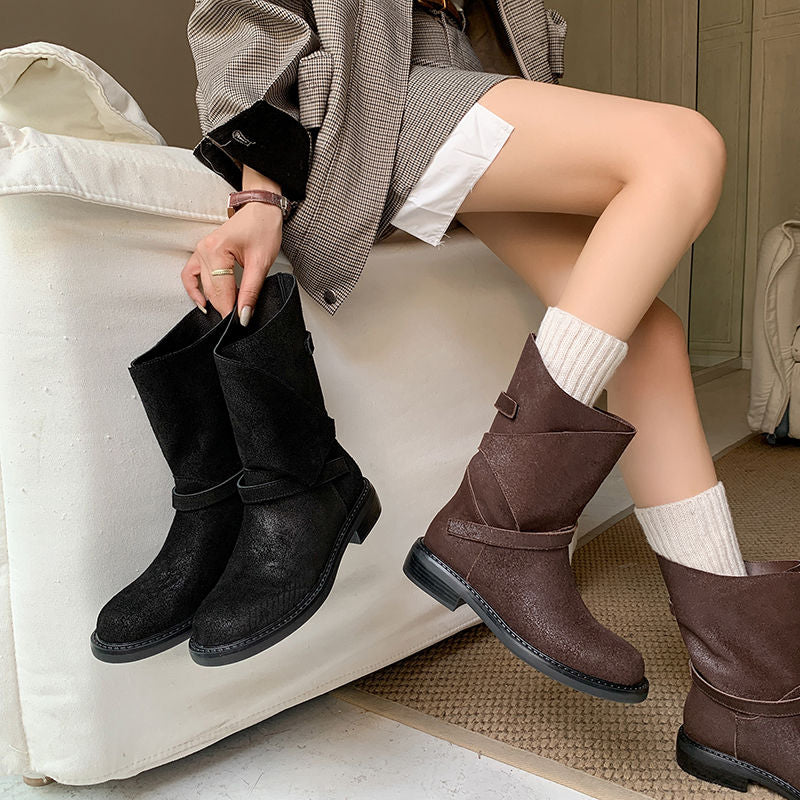 Karin Luna In Stock Spot Goods  Super textured Lazy Style Thick-Soled Ankle Boots