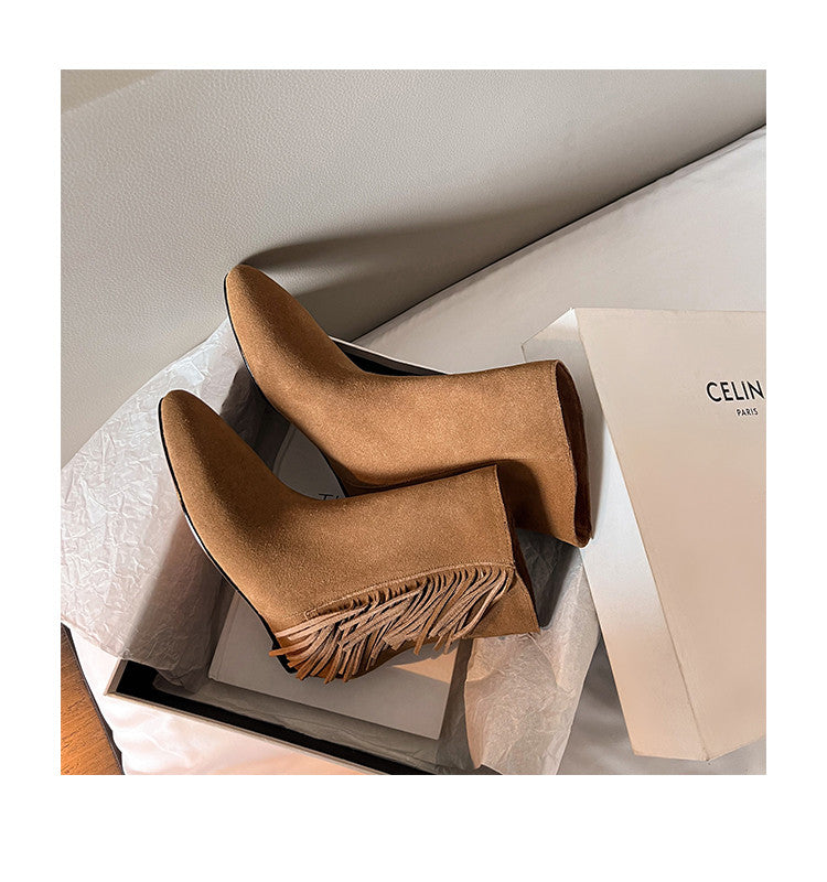 Karin Luna In Stock Spot Goods Tassel Square Toe Hidden Wedge Short Boots