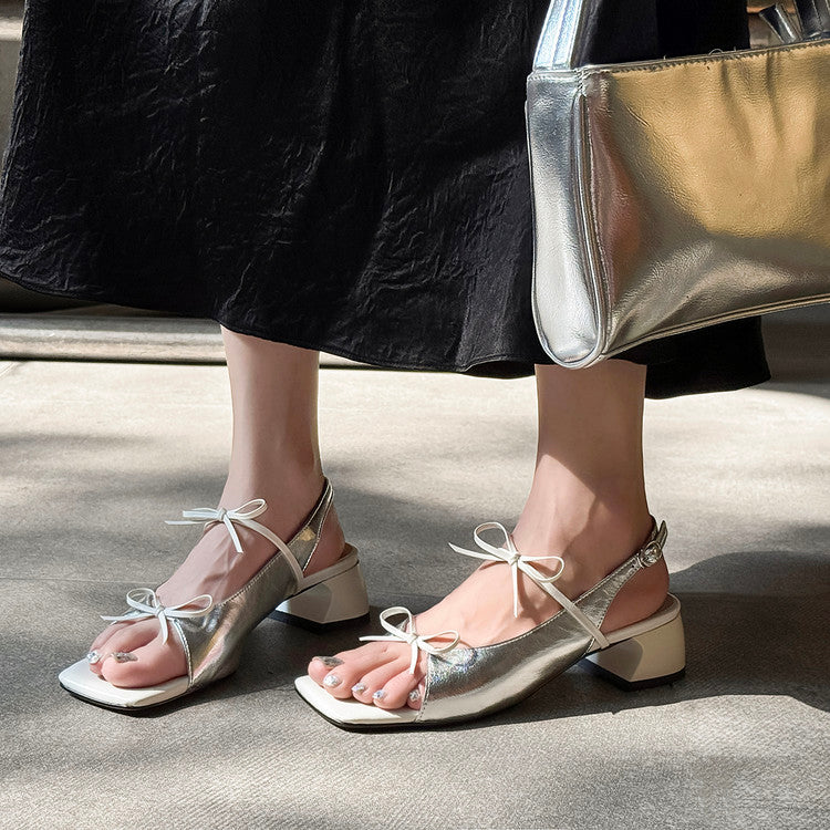 Karin Luna In Stock Spot Goods Square Toe Double Bow Thick Heel Sandals