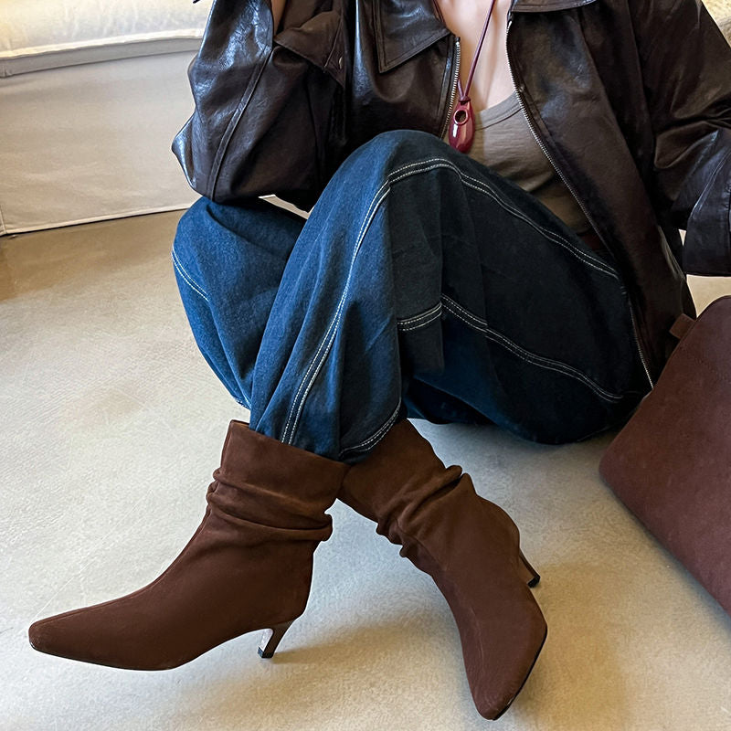 Karin Luna In Stock Spot Goods  Retro Wrinkled Small Square Toe Short Boots