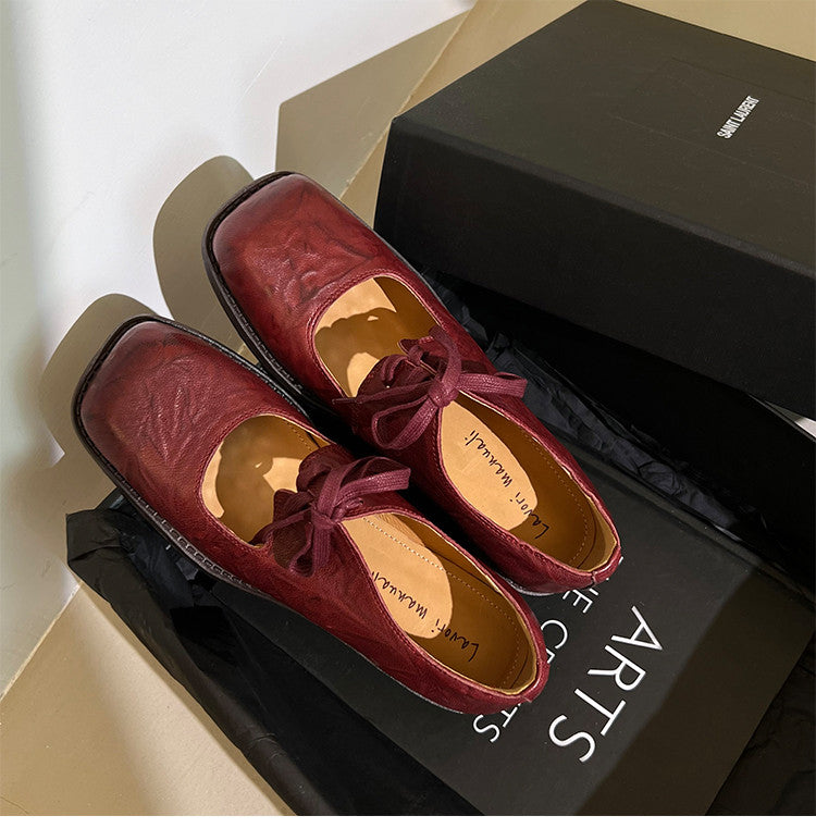 Karin Luna In Stock Spot Goods   Full leather inside and out Vegetable Tanned Hand-Grabbed Sheepskin Square-Toed Chunky Heel Single Shoes