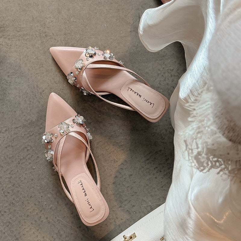 Karin Luna Bestseller Sequin Elements Elegant Pointed Toe Irregular Heel Slippers