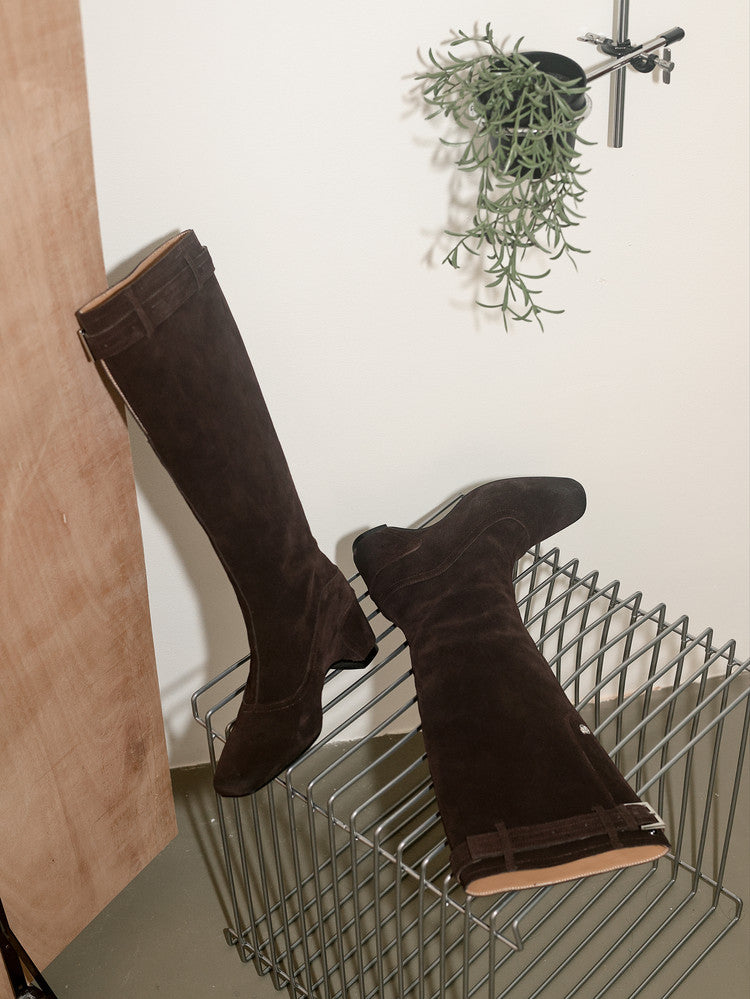 Karin Luna Belt Buckle Elegant Chunky Heel Suede Western Boots