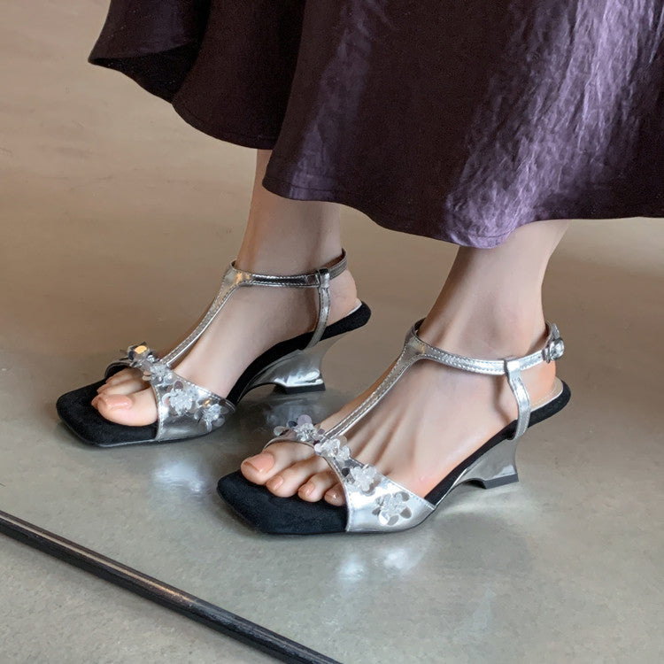 Karin Luna Hot-Selling Sequin Floral Series ~  Square Toe Irregular Heel Square Toe Sandals