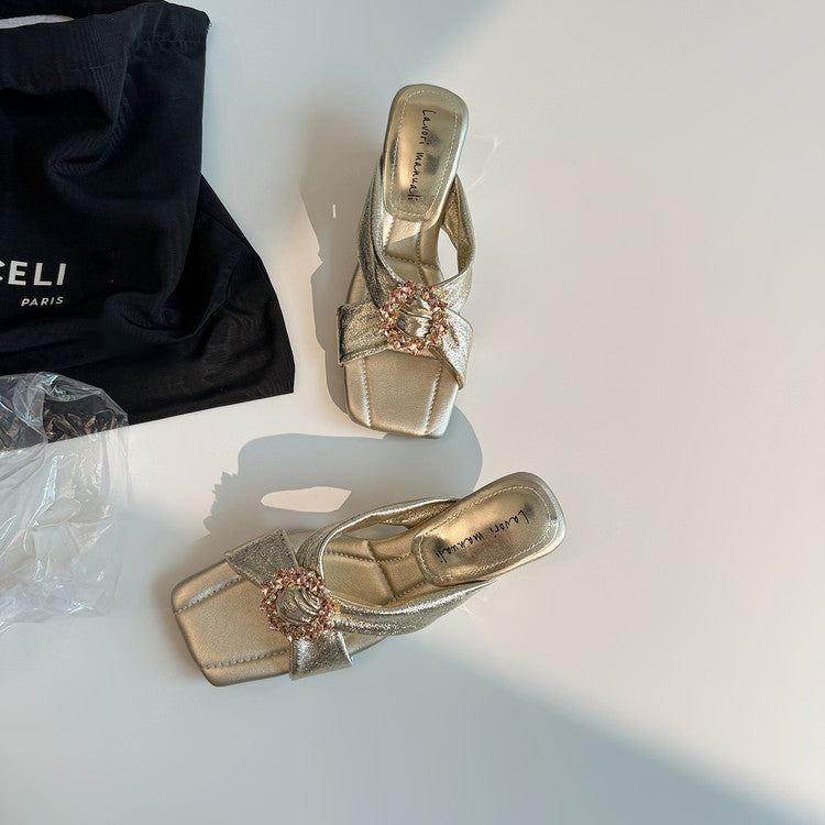 Karin Luna In Stock In Stock Elegant Square-Toe Cross-Strap Rhinestone Square-Toe Slippers