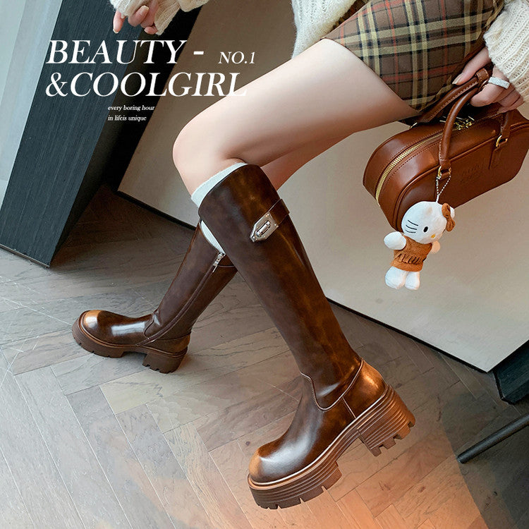 Karin Luna In Stock In Stock  Round Toe Thick Sole Belt Buckle Side Zipper Knight Boots