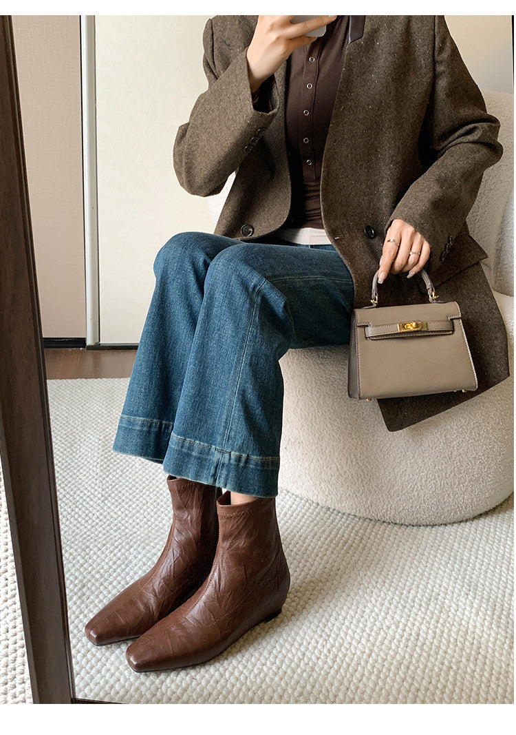 Karin Luna In Stock Spot Goods Slim Series  Hidden Wedge Small Square Toe Back Zipper Short Boots