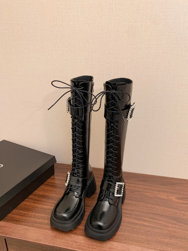 Karin Luna In Stock Spot Goods Bestselling Extended Version Rhinestone Square Buckle Thick Sole Lace-up Thick Sole Full Cowhide Knight Boots