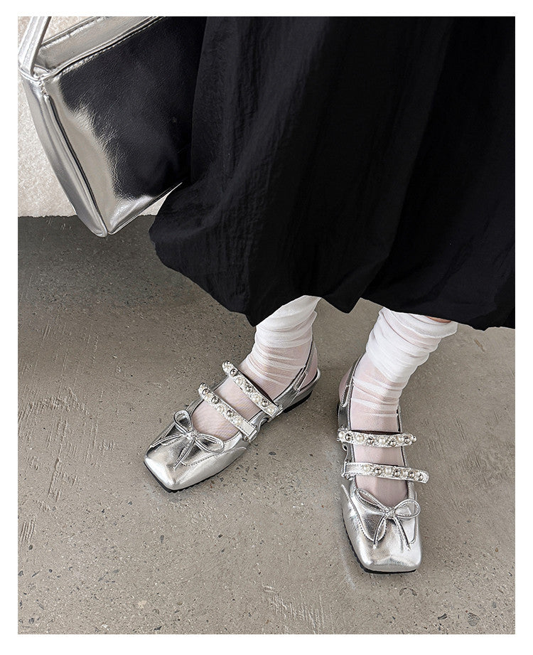 Karin Luna In Stock In Stock  Square Toe Bowknot Pearl Strap Closed-Toe Sandals