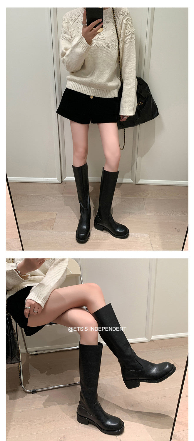 Karin Luna Basic Versatile Style Round Toe Chunky Heel Long Boots