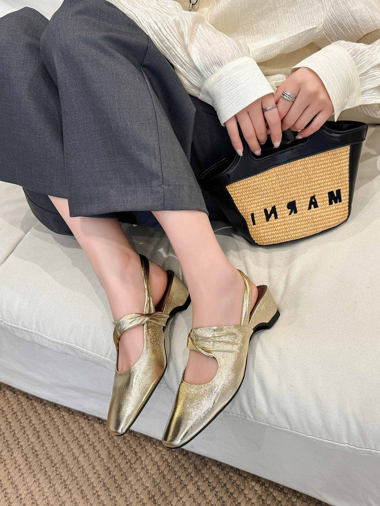 Karin Luna In Stock  Spot Goods Small Square Toe Wrinkled Chunky Heel Closed-Toe Sandals