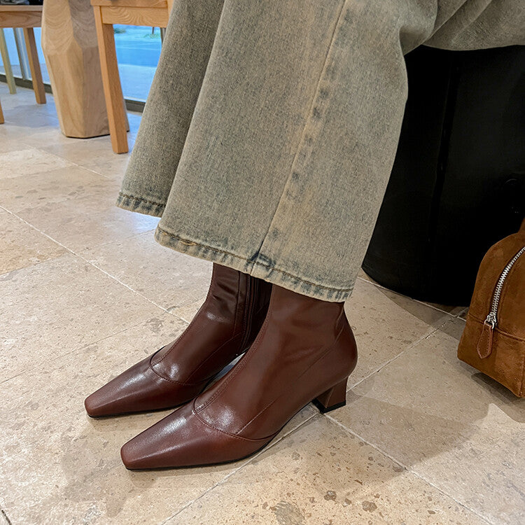 Karin Luna Elegant Small Square Toe Chunky Heel Slim Boots