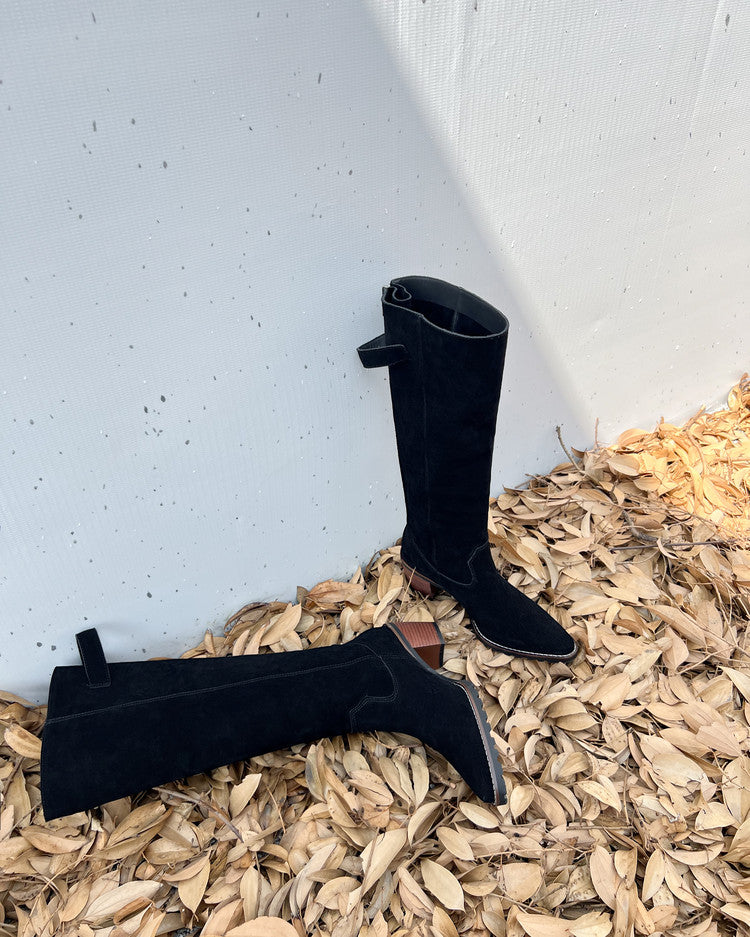 Karin Luna In Stock Spot Goods Retro Cowhide Leather Chunky Heel Suede Long Boots