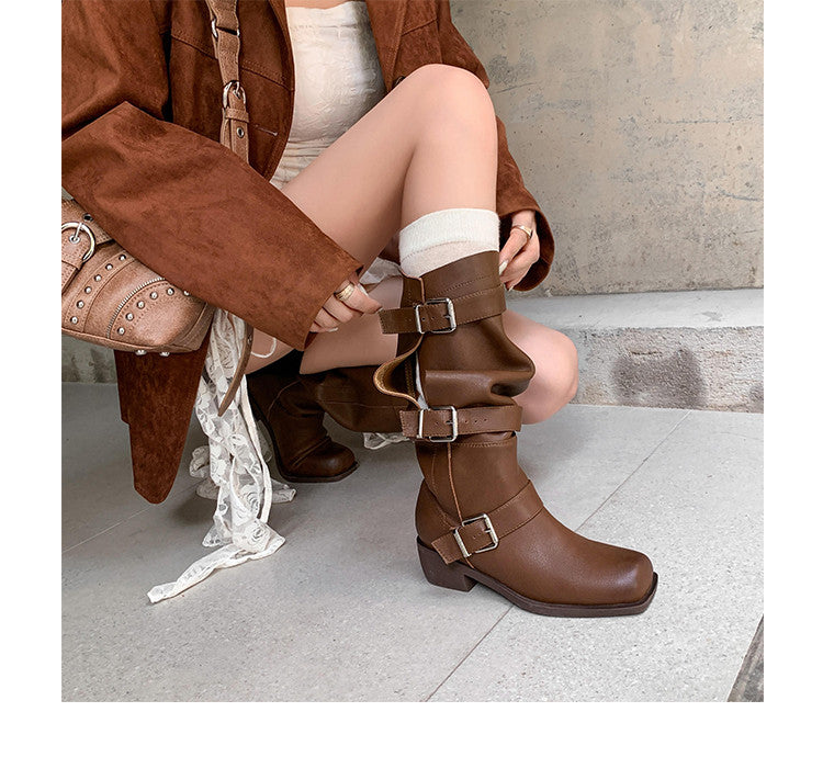 Karin Luna In Stock In Stock European and American Style Square Toe Thick Sole Belt Buckle Long Boots