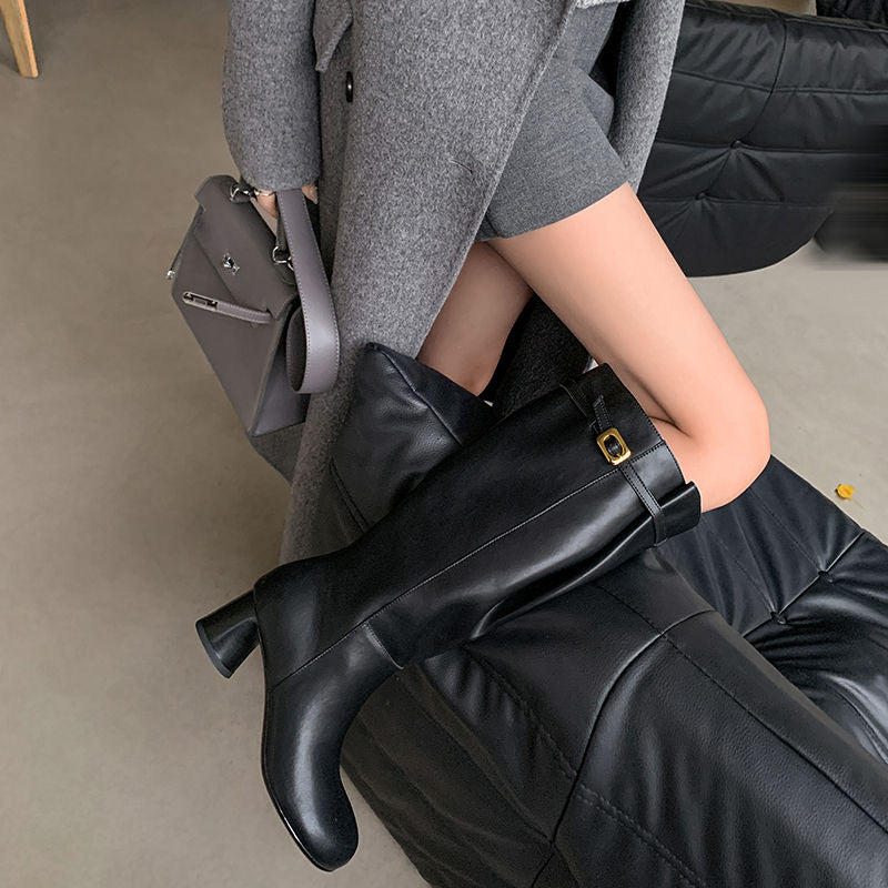 Karin Luna In Stock In Stock Mango Head Large Tube Belt Buckle Chunky Heel Long Boots