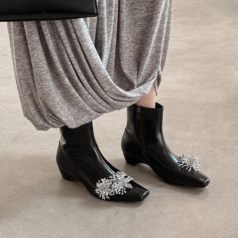 Karin Luna Elegant Style Square Toe Flower Design Height Increasing Short Boots with Two Front and Back Options