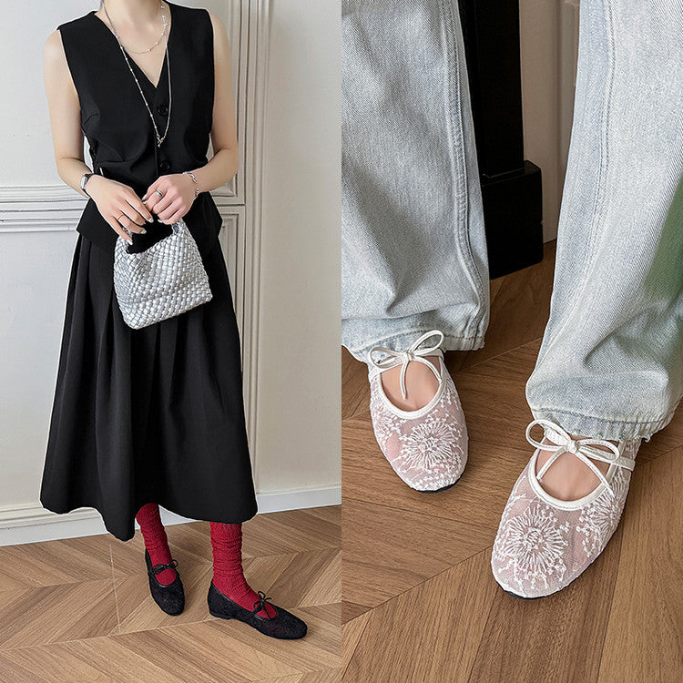 Karin Luna In Stock Spot Goods  Summer Breathable Retro Embroidered Bow Granny Shoes