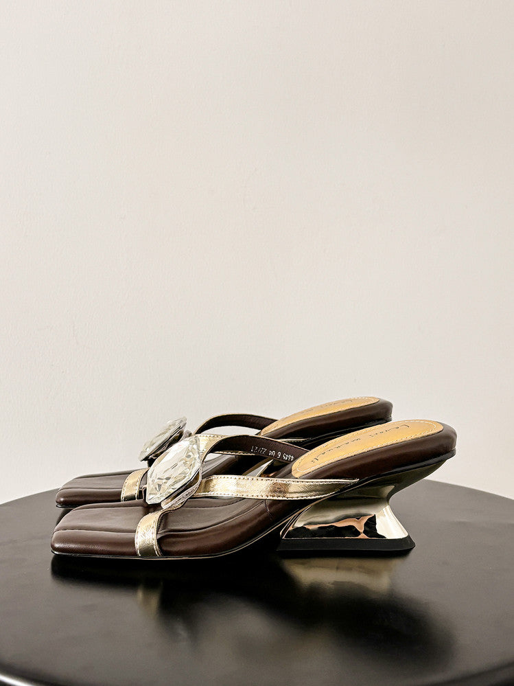 Karin Luna In Stock Spot Goods Rhinestone Square Toe Irregular Heel Slippers