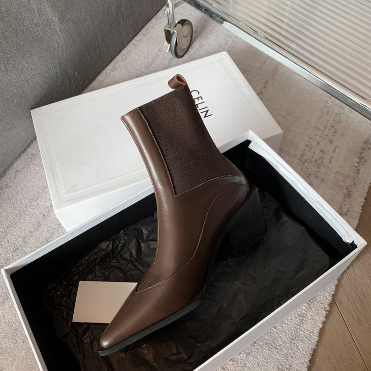 Karin Luna In Stock Spot Goods   Elegant Pointed Toe Chunky Heel Ankle Boots