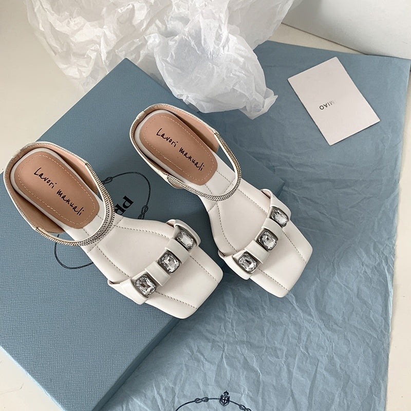 Karin Luna Bestseller Popular Rhinestone Ribbon Square Toe Slippers
