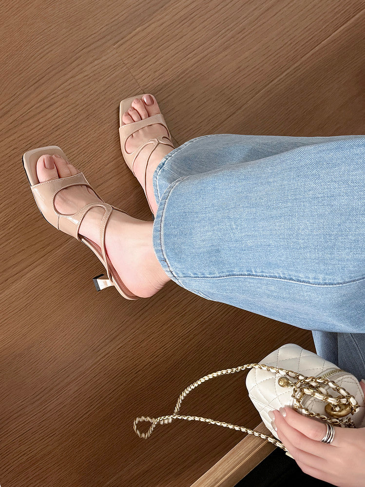 Karin Luna French Retro Square Toe Wrap Strap Open-Toe Slippers
