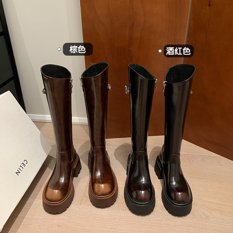 Karin Luna In Stock In Stock  Round Toe Thick Sole Belt Buckle Side Zipper Knight Boots