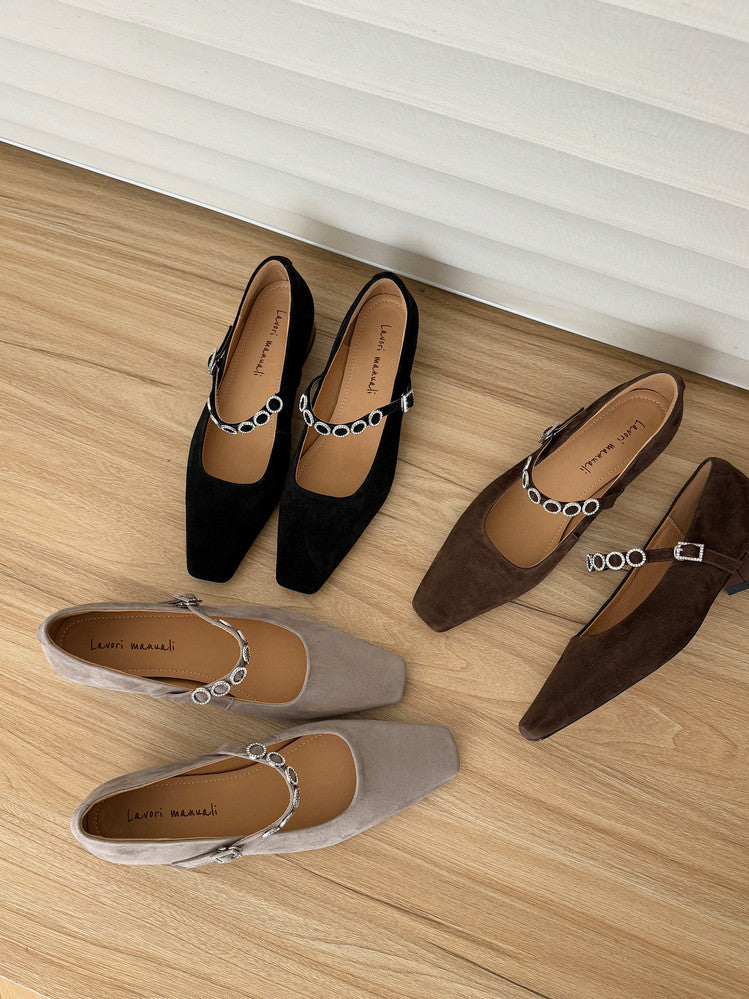 Karin Luna In Stock Spot Goods  Vintage Full Leather Square Toe Rhinestone Strap Shallow Mouth Single Shoes