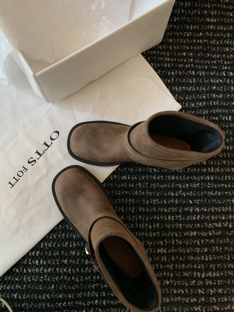 Karin Luna In Stock Spot Goods Versatile Basic Round Toe Belt Buckle Thick Sole Tube Boots