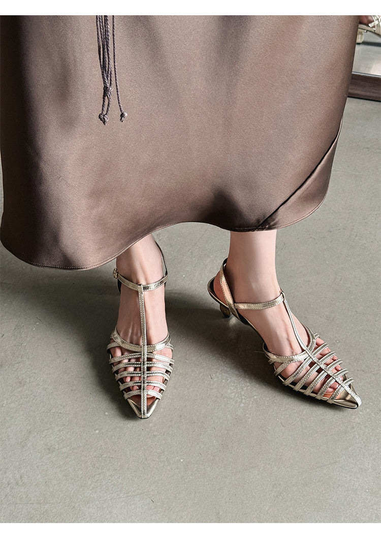 Karin Luna French Hollow Toe Metal Heel Elegant Sandals