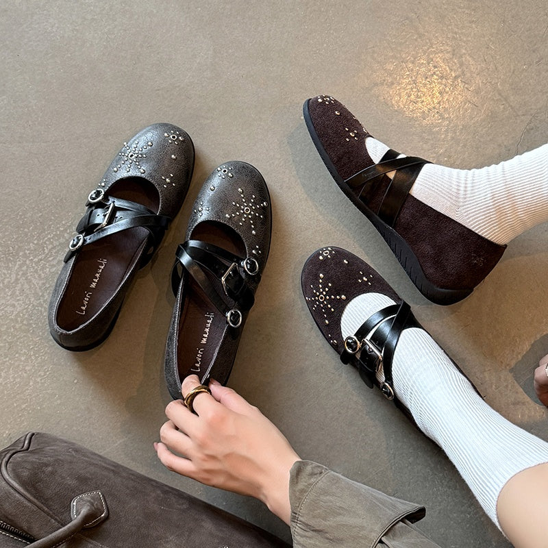 Karin Luna In Stock Spot Goods Studded Rivet Hidden Wedge Mary Jane Shoes