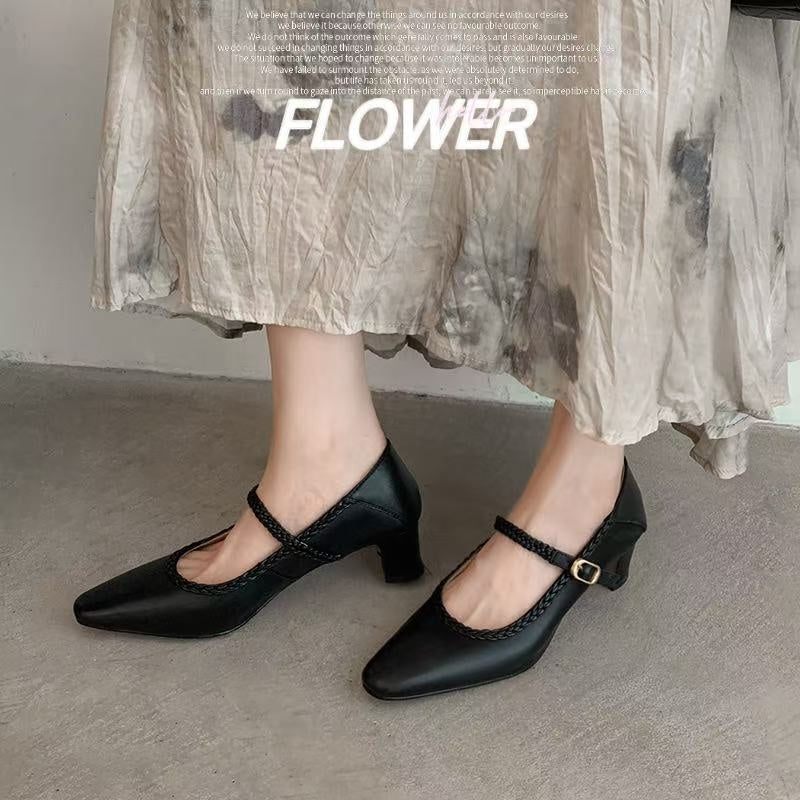 Karin Luna Braided Element Design Chunky Heel Square Toe Single Strap Shoes