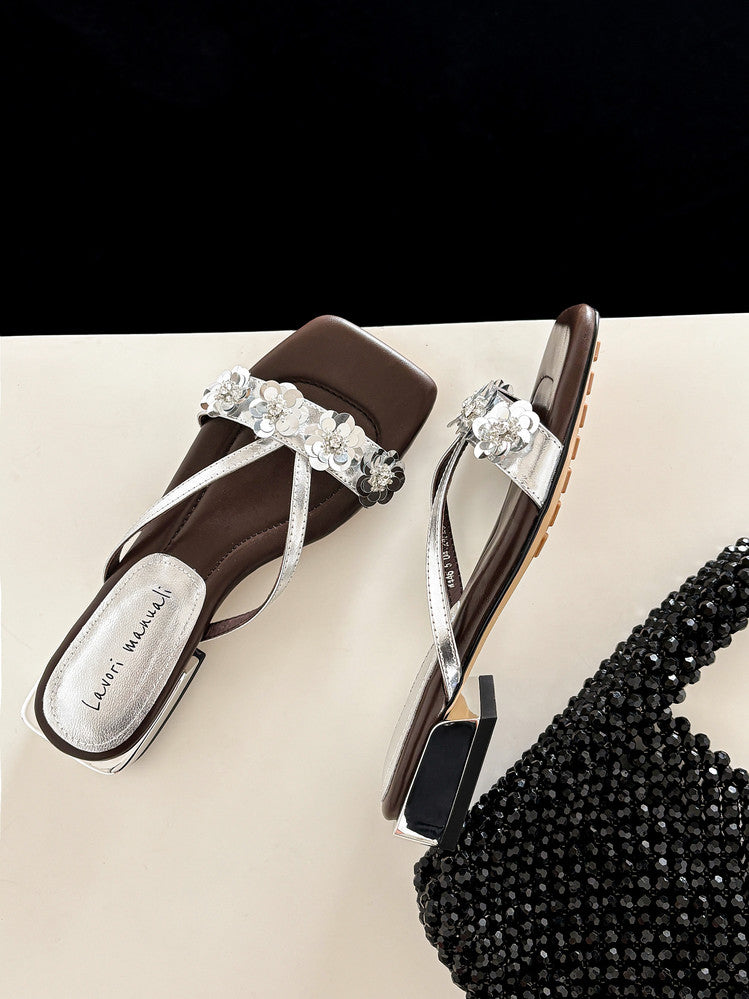 Karin Luna In Stock Spot Goods  One-Strap Sequin Floral Square-Toe Flat Slippers