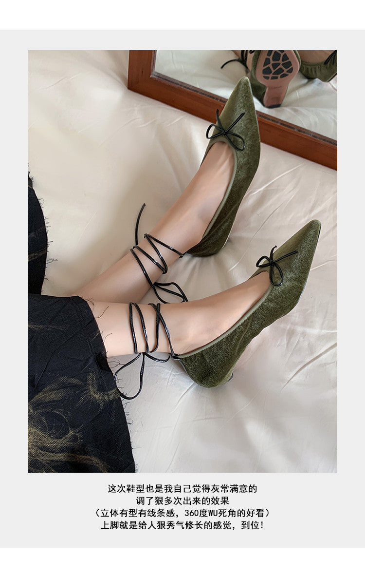 Karin Luna In Stock In Stock Retro Velvet Pointed Toe Bowknot Single Shoes
